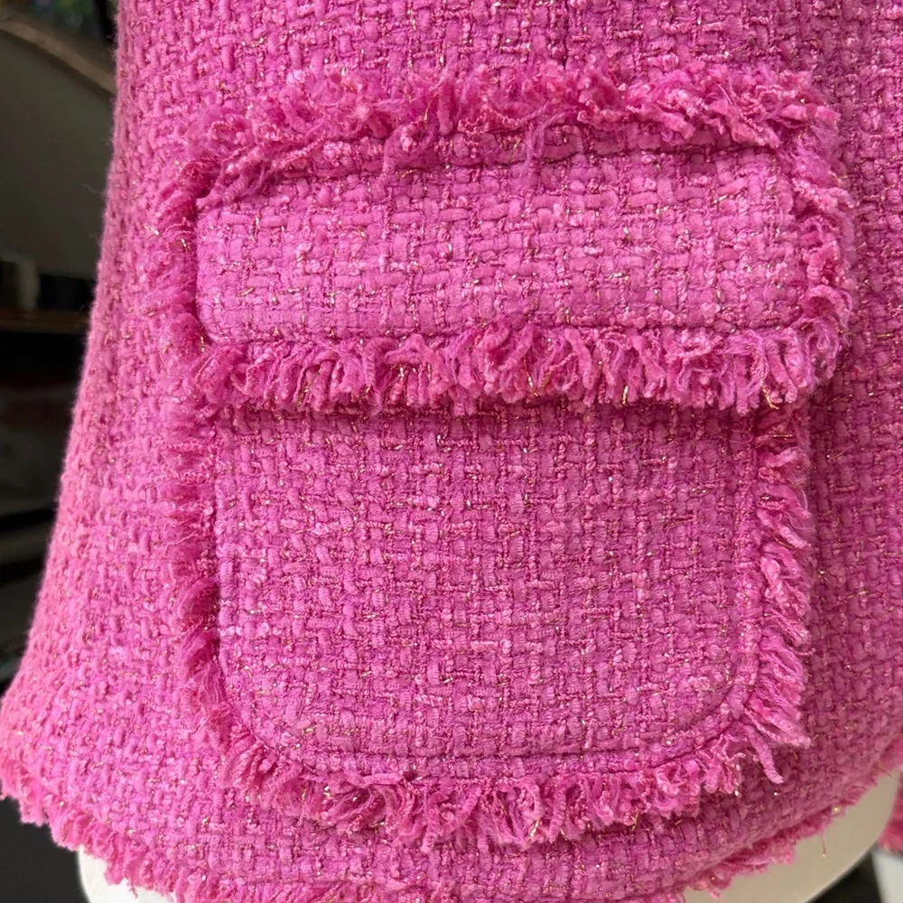 BOSTON PROPER Pink Gold Bouclé Women's Blazer Jacket Fringe Lined size 4 EUC - Picture 9 of 12